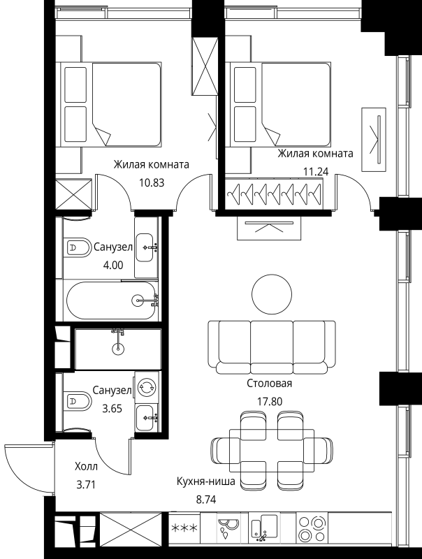 3 ккв (Евро) 60 м²