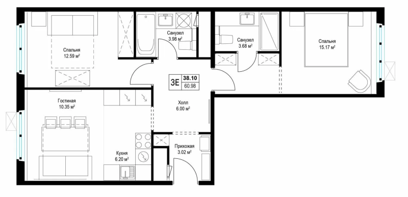3 ккв (Евро) 61 м²