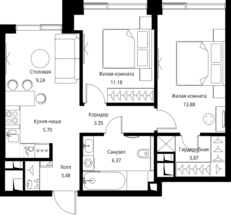 3 ккв (Евро) 57,1 м²