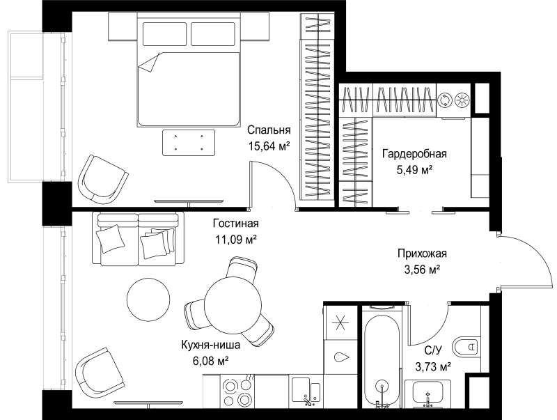 2 ккв (Евро) 45,6 м²