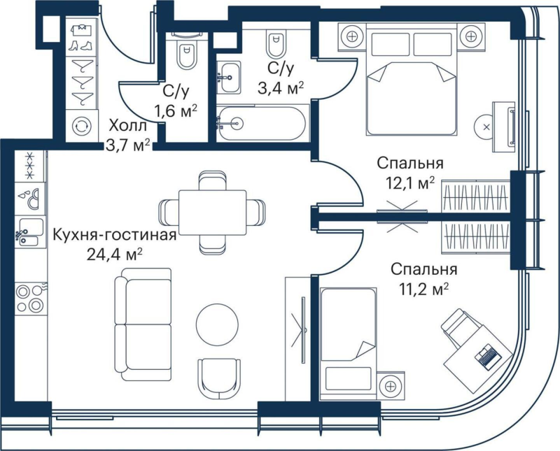 3 ккв (Евро) 54,4 м²