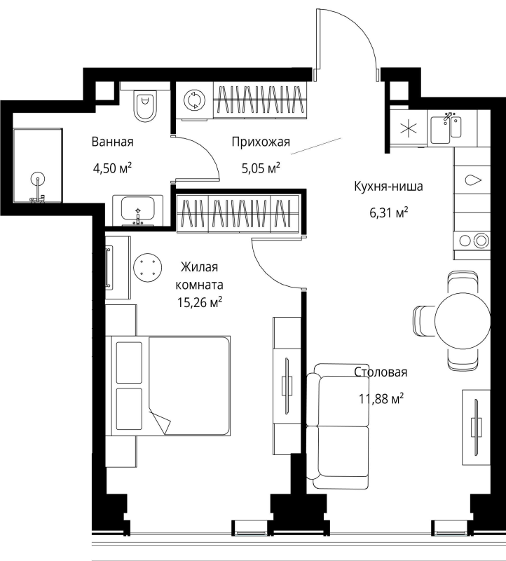 2 ккв (Евро) 43 м²