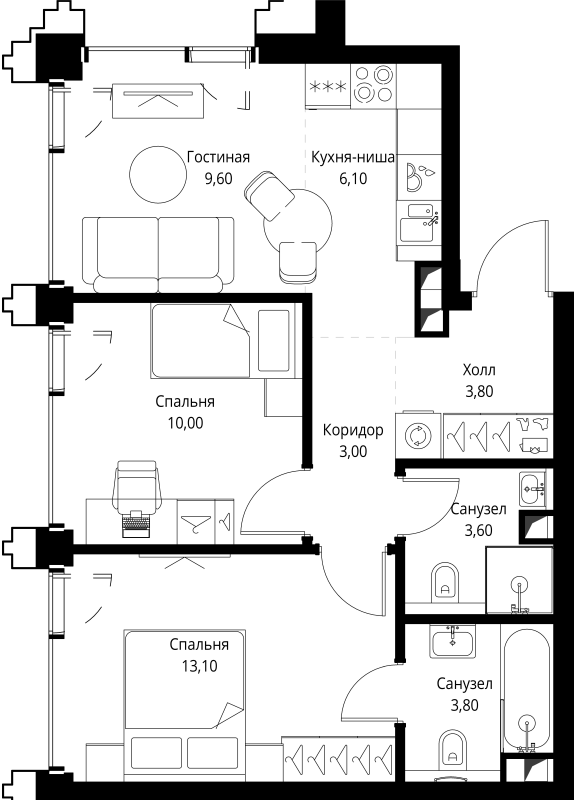 3 ккв (Евро) 53,4 м²