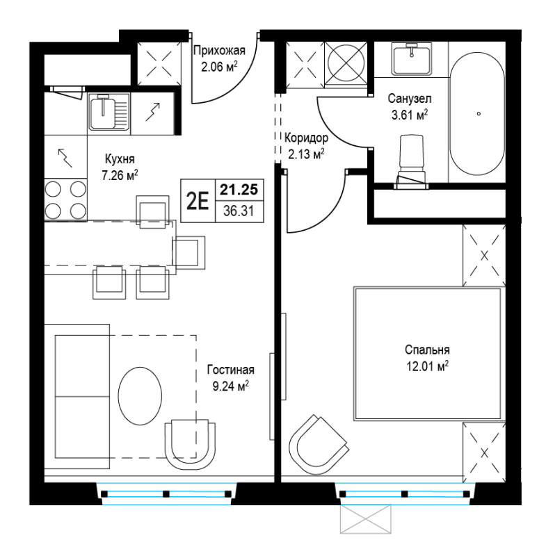 2 ккв (Евро) 36,3 м²