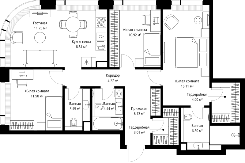 4 ккв (Евро) 92,6 м²