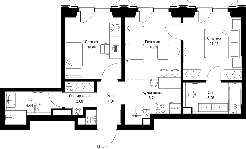 3 ккв (Евро) 55,6 м²