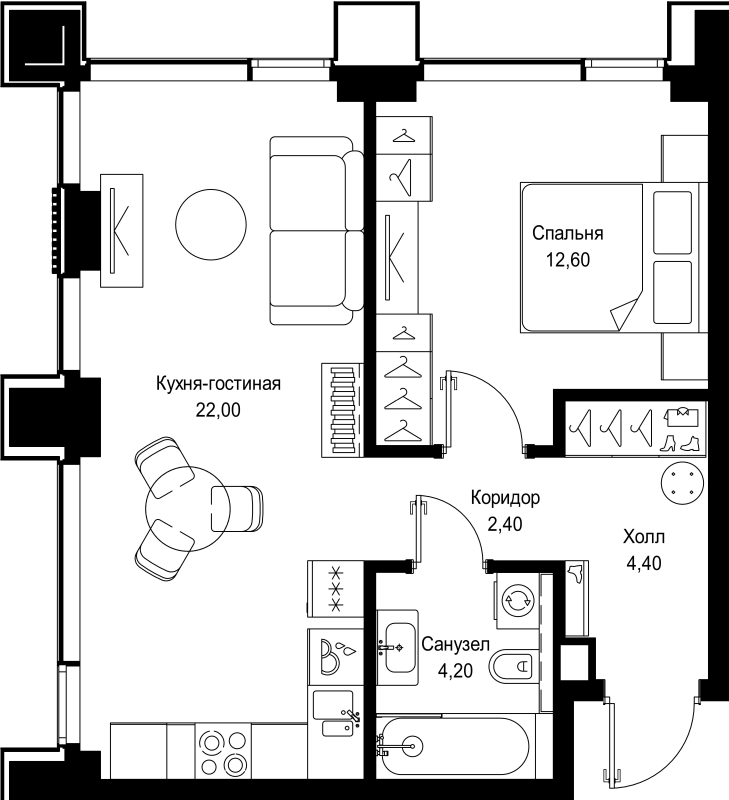 2 ккв (Евро) 45,6 м²