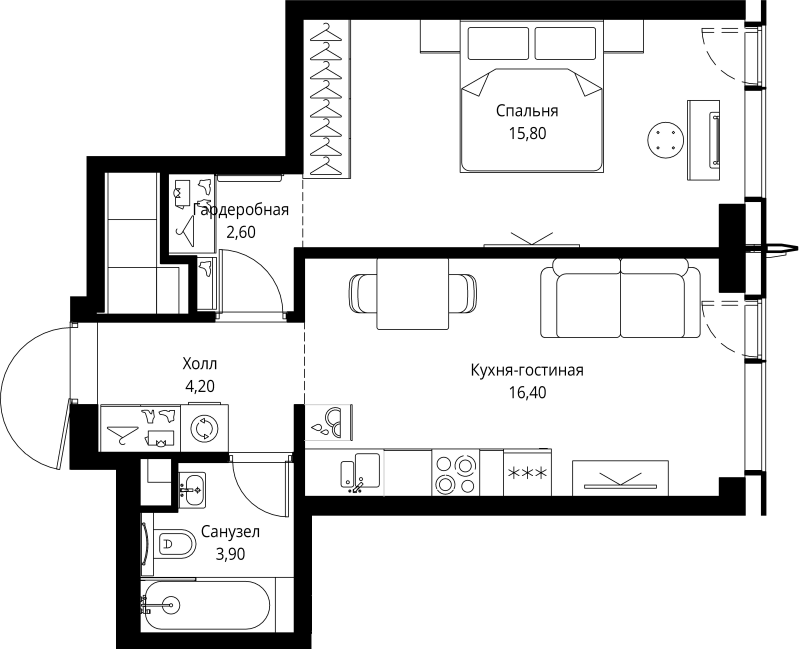 2 ккв (Евро) 42,9 м²