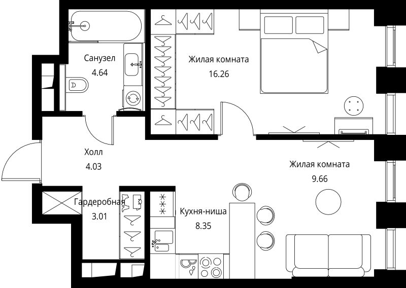 2 ккв (Евро) 46 м²
