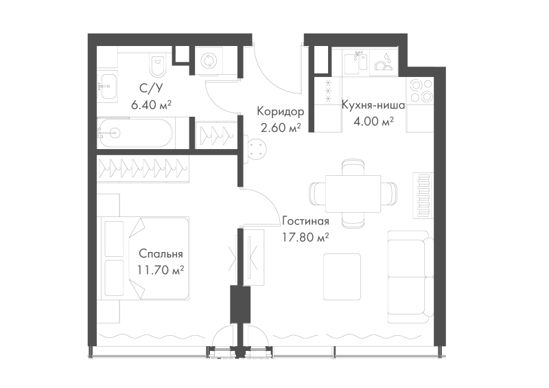 2 ккв (Евро) 42,5 м²