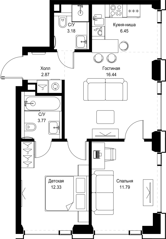 3 ккв (Евро) 56,8 м²
