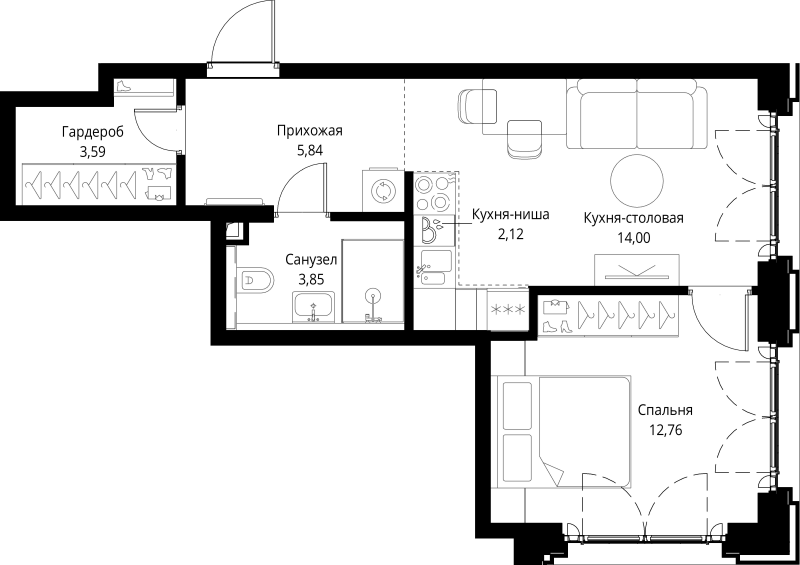 2 ккв (Евро) 42,2 м²