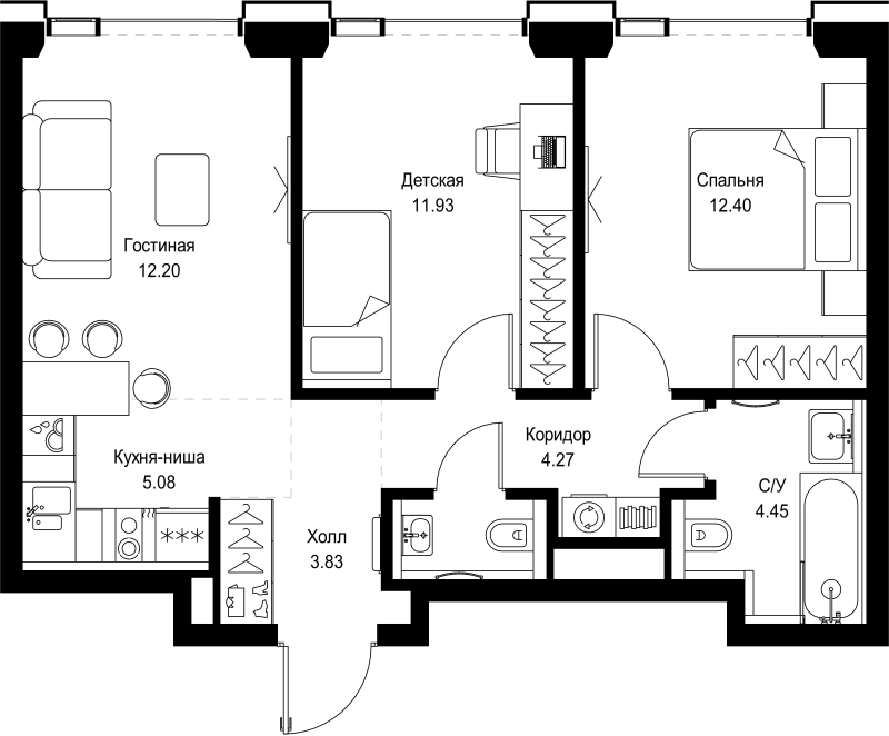 3 ккв (Евро) 55,7 м²