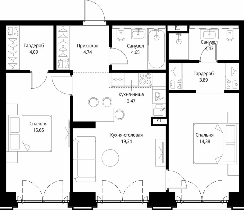 3 ккв (Евро) 73,6 м²
