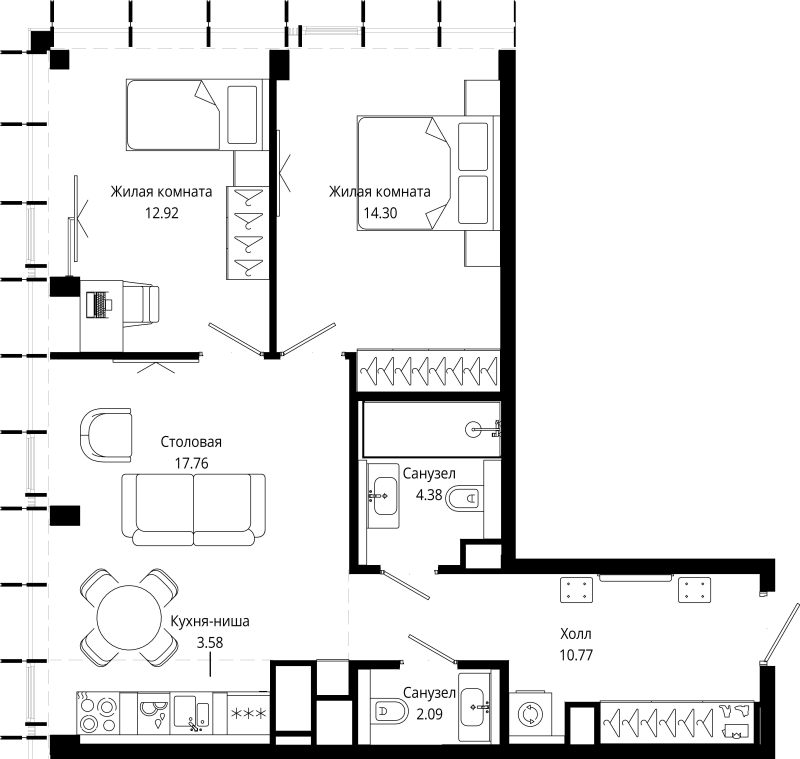 3 ккв (Евро) 65,8 м²