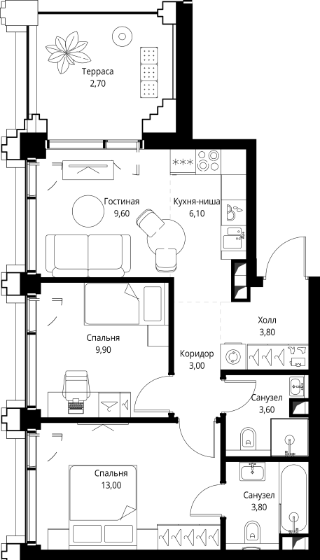 3 ккв (Евро) 56 м²