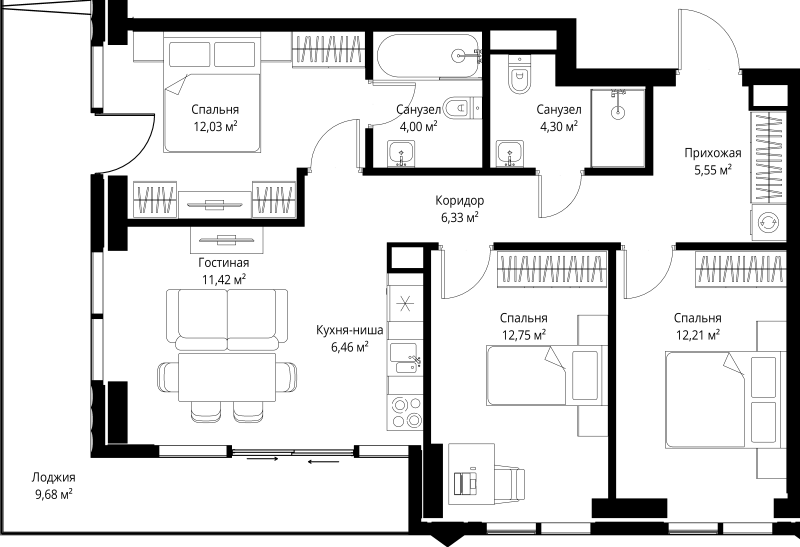 4 ккв (Евро) 84,7 м²