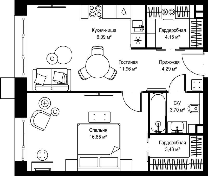 2 ккв (Евро) 50,5 м²