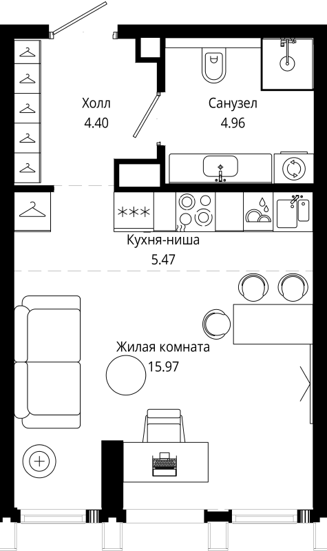 Студия 30,7 м²