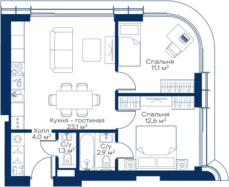 3 ккв (Евро) 53,6 м²