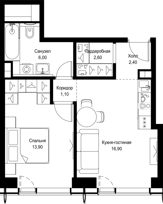 2 ккв (Евро) 42,9 м²