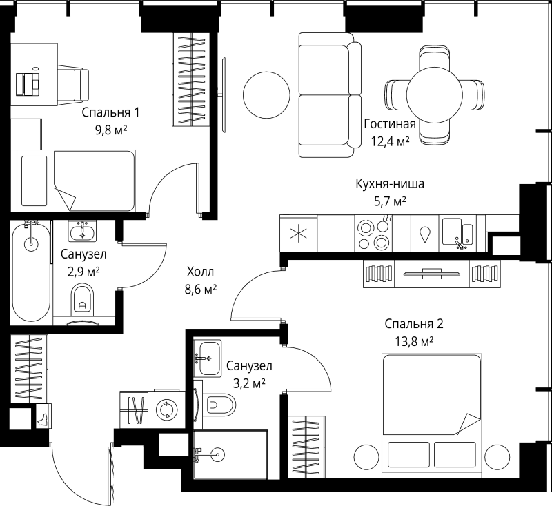 3 ккв (Евро) 56,4 м²