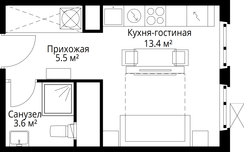 Студия 22,5 м²