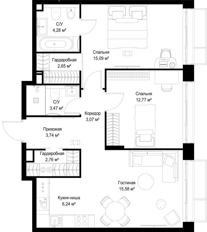 3 ккв (Евро) 69,7 м²
