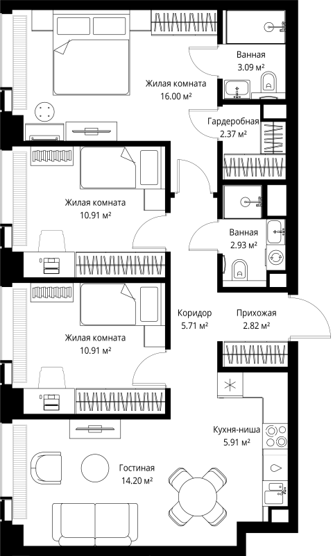 4 ккв (Евро) 74,9 м²