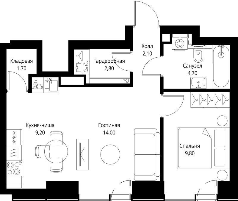 2 ккв (Евро) 44,3 м²