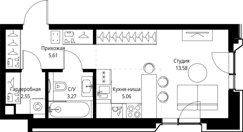 Студия 30,1 м²