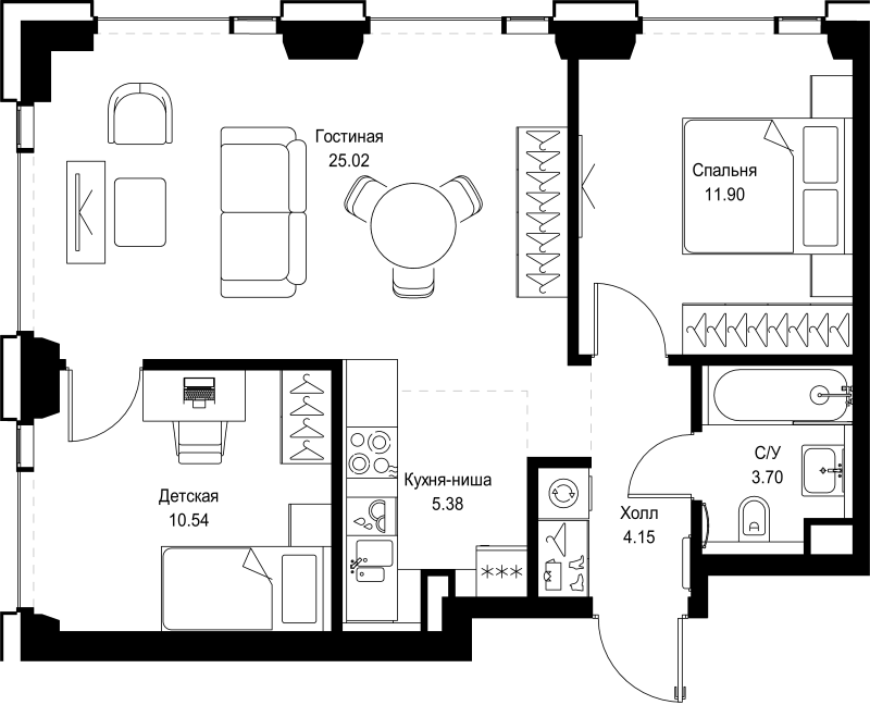 3 ккв (Евро) 60,7 м²
