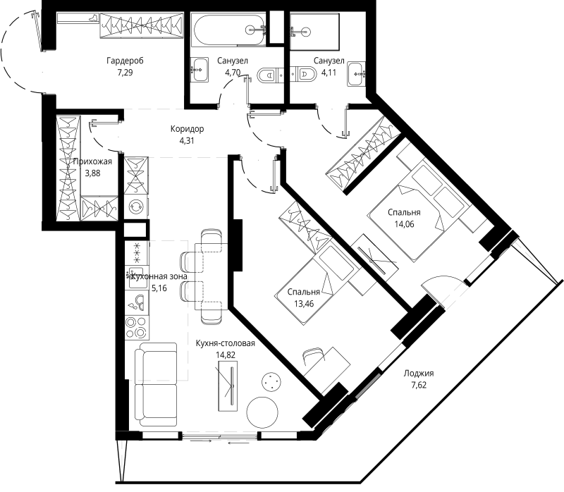 3 ккв (Евро) 80 м²