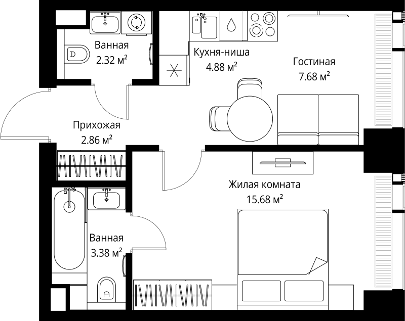 1 ккв 36,8 м²