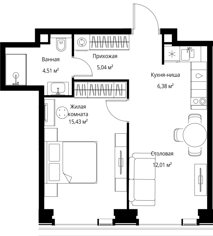 2 ккв (Евро) 43,4 м²