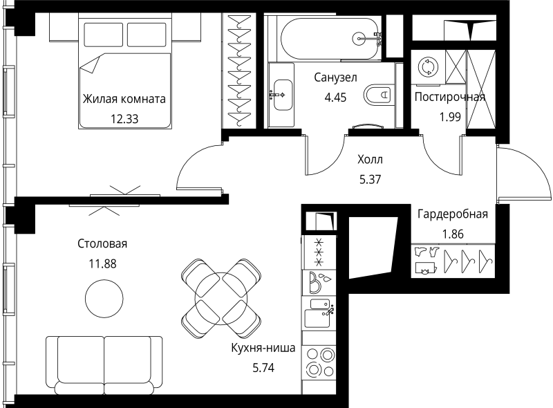 2 ккв (Евро) 43,6 м²