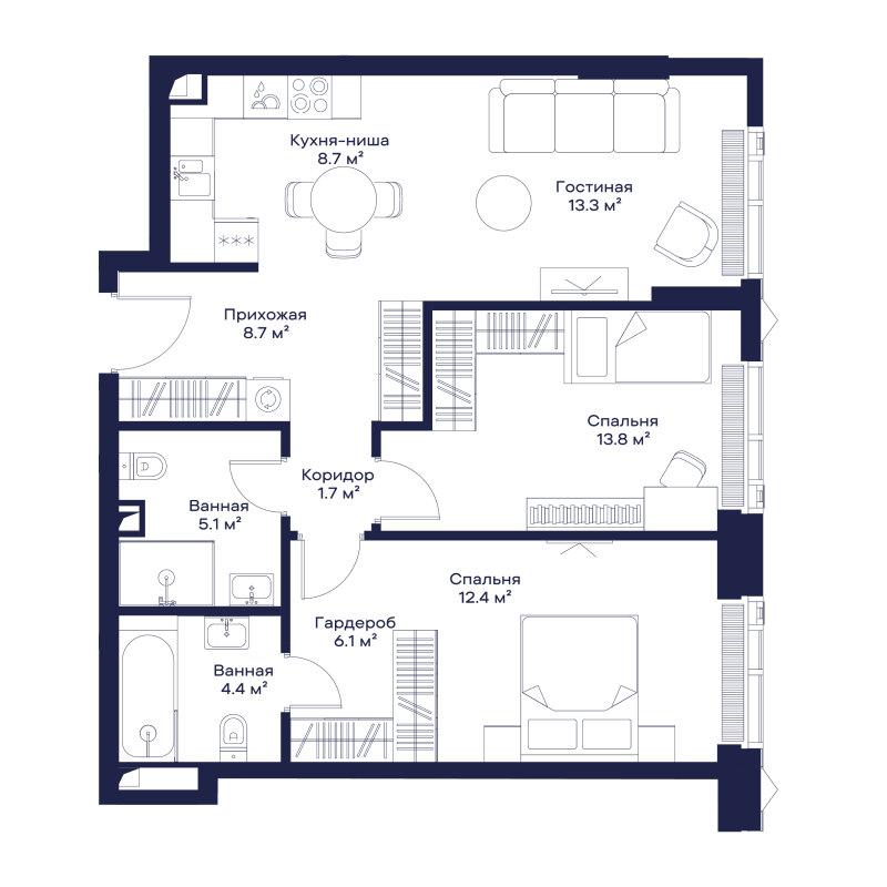 3 ккв (Евро) 74 м²