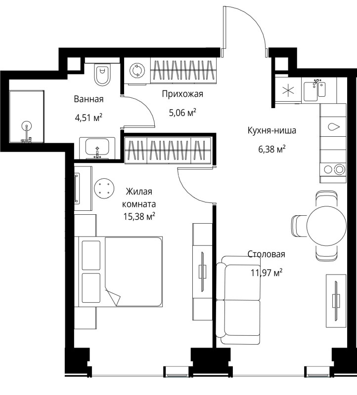 2 ккв (Евро) 43,3 м²