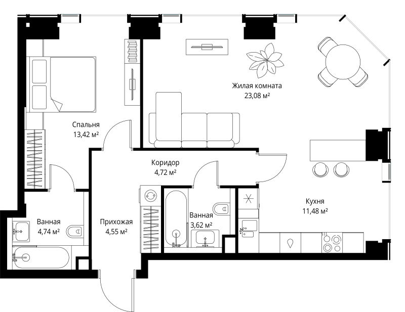 2 ккв (Евро) 65,6 м²