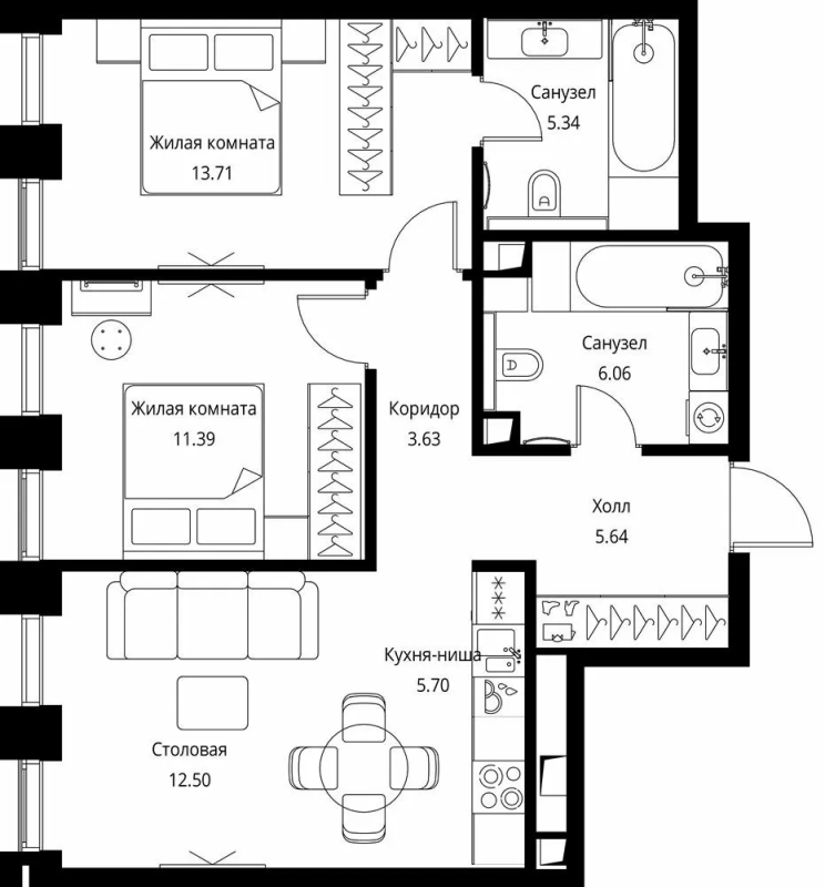 3 ккв (Евро) 64 м²