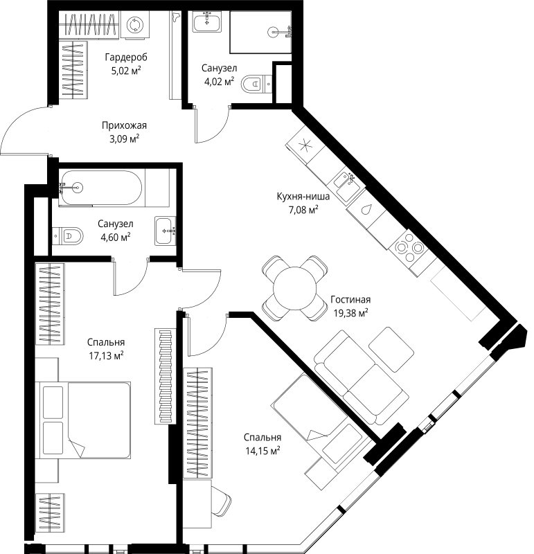3 ккв (Евро) 74,5 м²