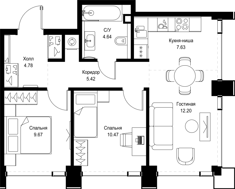 3 ккв (Евро) 54,8 м²
