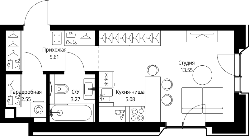 Студия 30,1 м²