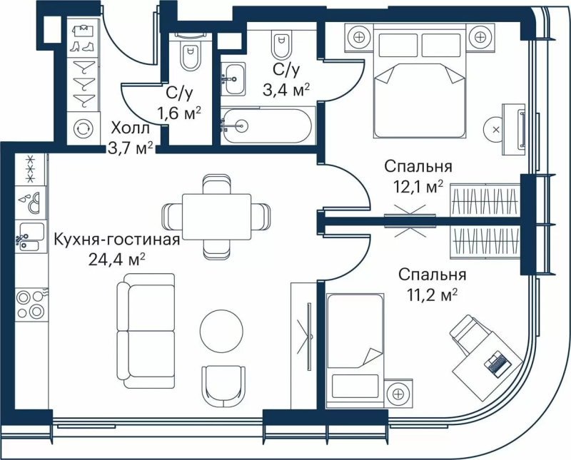 3 ккв (Евро) 54,5 м²