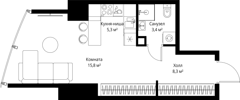 Студия 32,8 м²