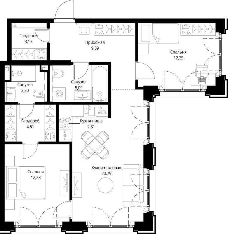3 ккв (Евро) 73,1 м²