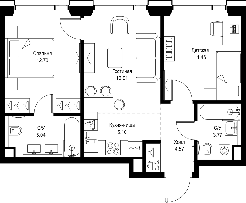 3 ккв (Евро) 55,7 м²