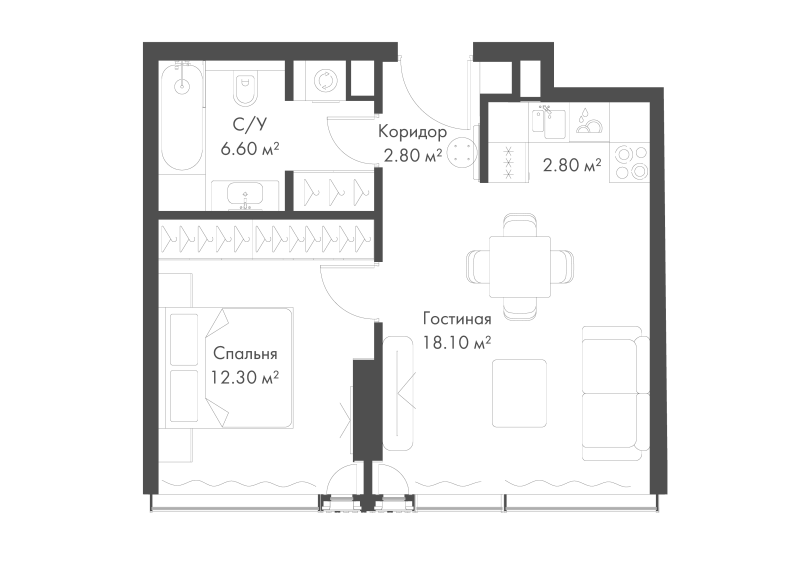 2 ккв (Евро) 42,6 м²