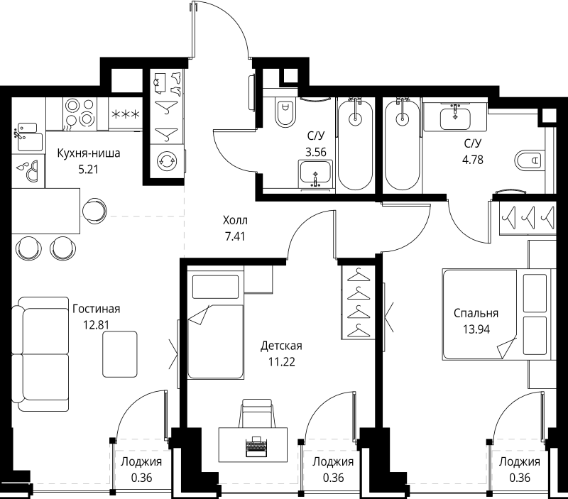 3 ккв (Евро) 60 м²