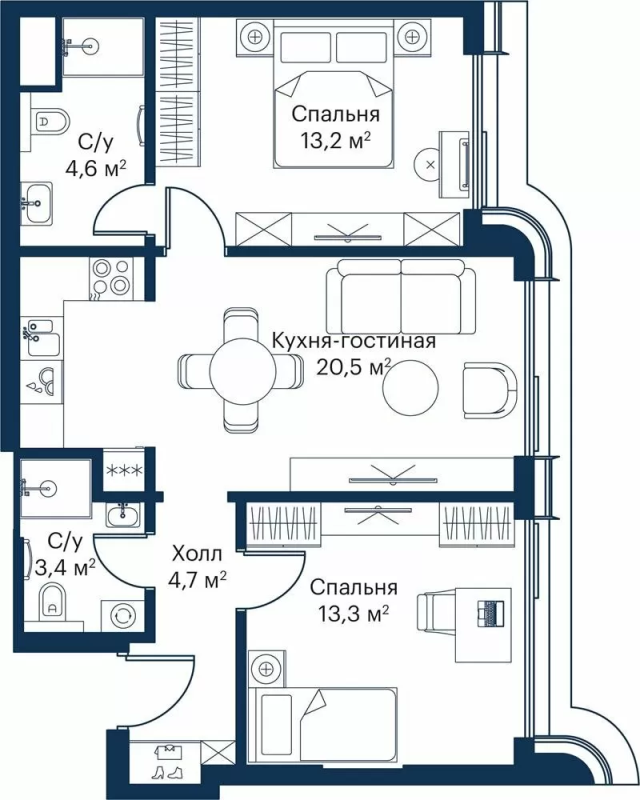 3 ккв (Евро) 58,6 м²